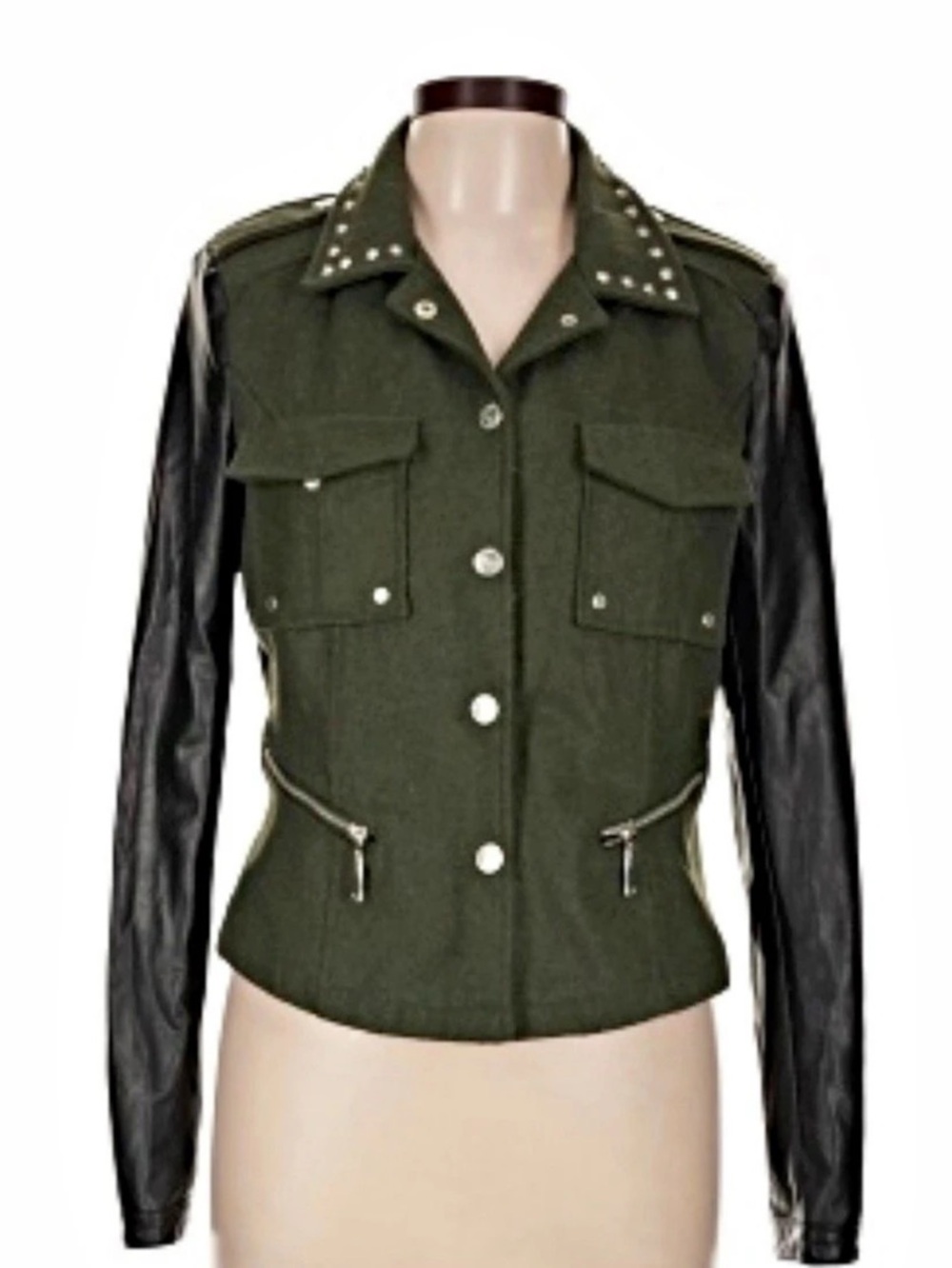 Army green & black faux leather moto jacket S Joujou